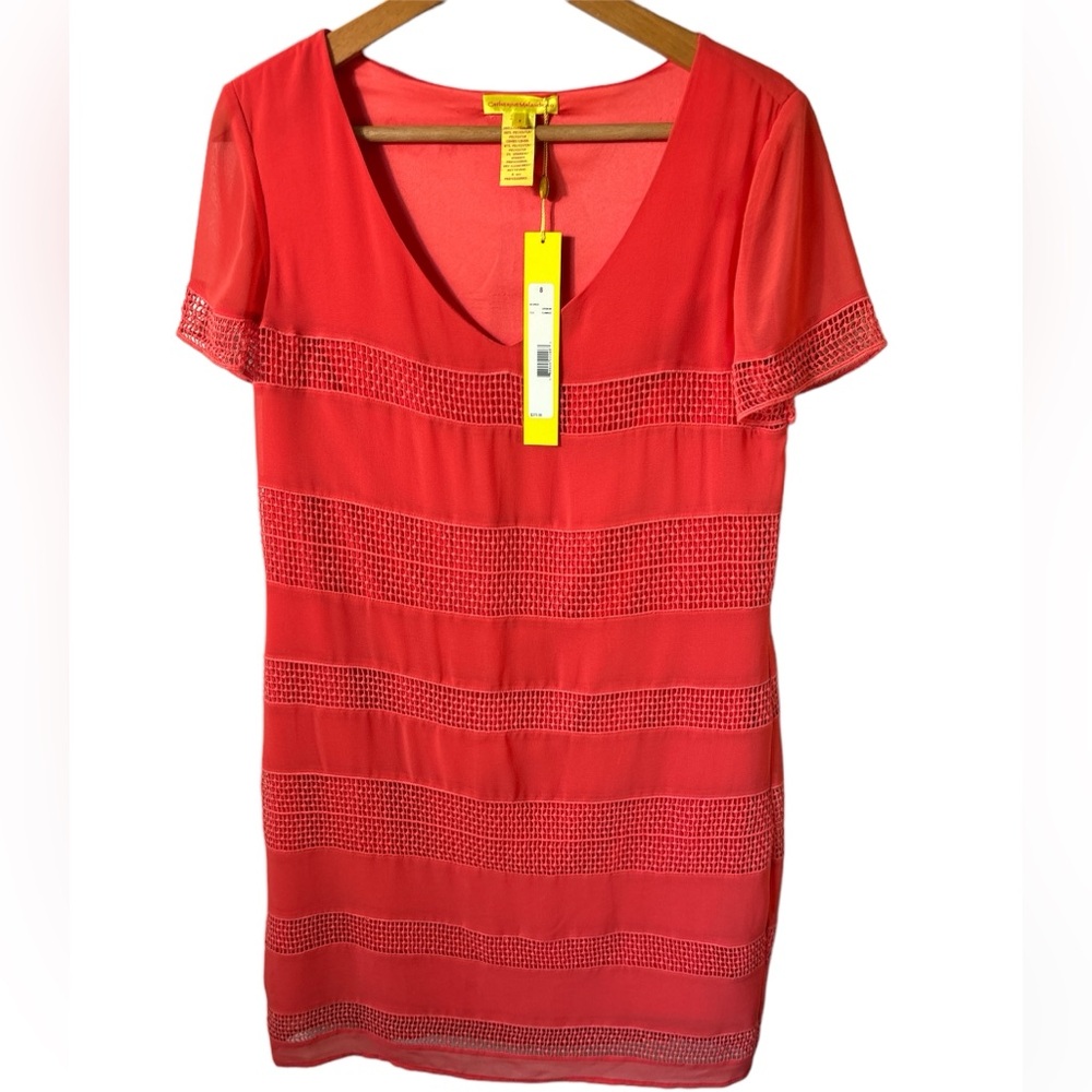 NWT Catherine Malandrino coral crochet sheath size 8. career striped resort
